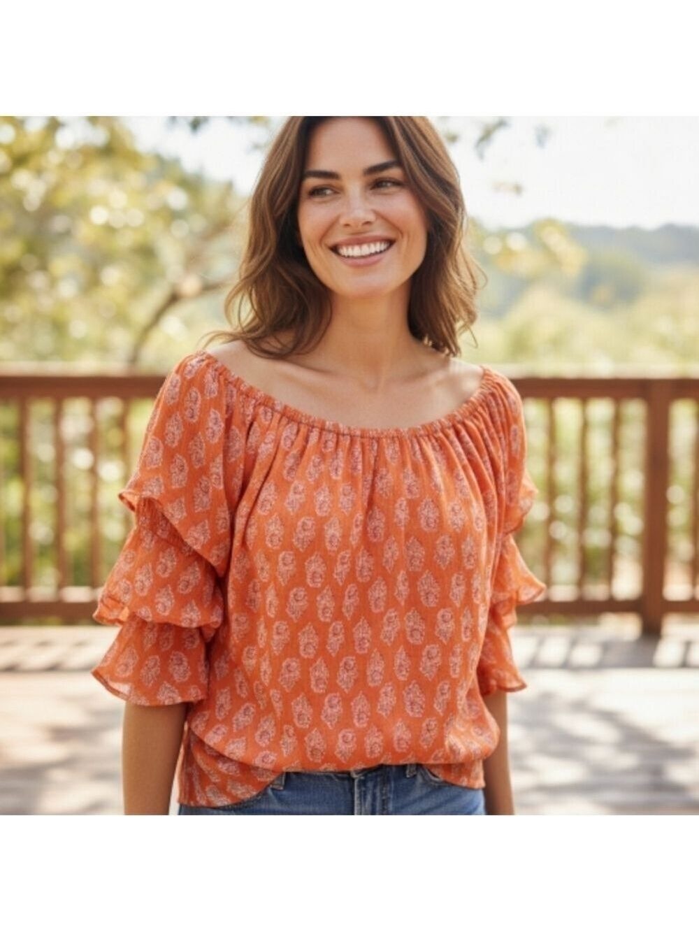 CeCe Orange White Scoop Neck Blouse Large